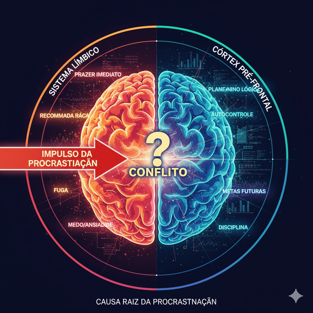 Ilustração comparativa do cérebro mostrando o conflito entre o sistema límbico e o córtex pré-frontal, causa raiz da procrastinação.
