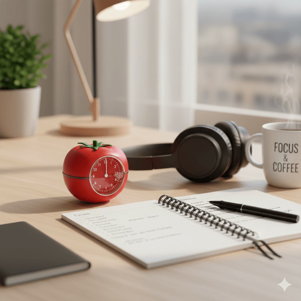 "Timer de cozinha e um caderno de anotações sobre uma mesa organizada, representando a Técnica Pomodoro para evitar a procrastinação."