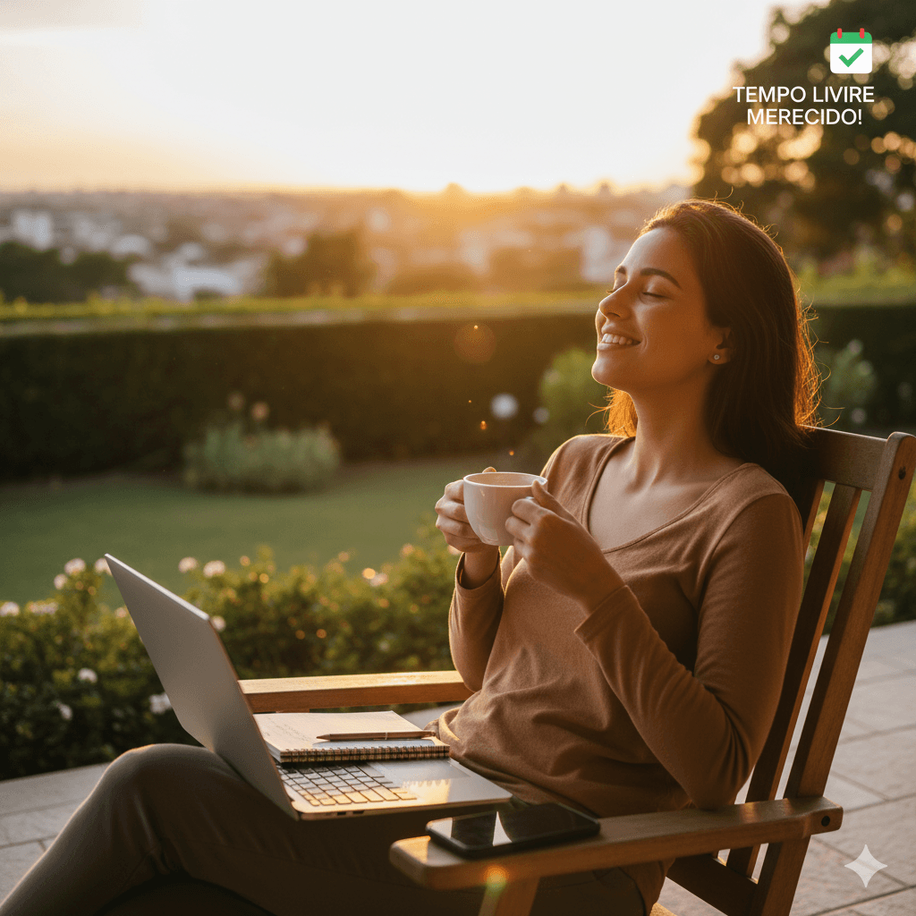 "Pessoa relaxada e sorridente ao ar livre, celebrando a liberdade de tempo após superar a procrastinação."