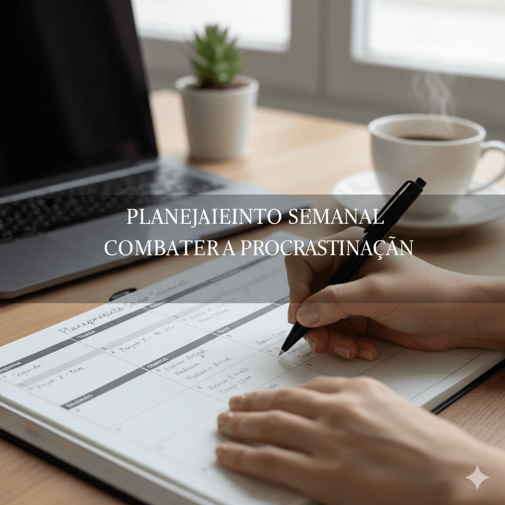 "Mãos escrevendo em um planner semanal para organizar tarefas e combater o hábito da procrastinação."